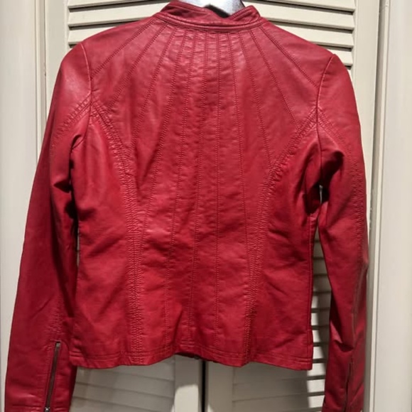 Women's Vegan Leather Red MOTO zip up Jacket - Picture 2 of 6